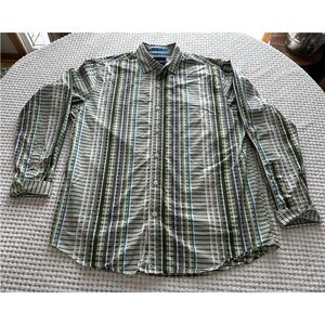 Tommy Bahama Men’s Large Green Striped Long Sleeve Button Down Shirt Pima Cotton
